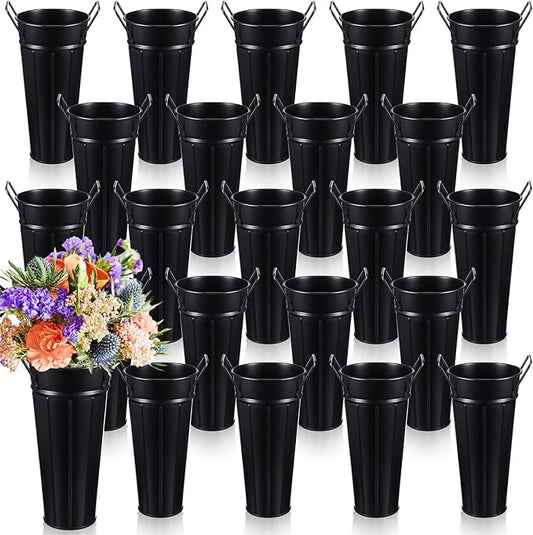 Lallisa 24 Pcs Metal Vases 9 Inch Galvanized French Farmhouse Flower Buckets with Handles and Hemp Rope, Vintage Style Flower Containers for Country Wedding Party Table Centerpiece Decor(Black)
