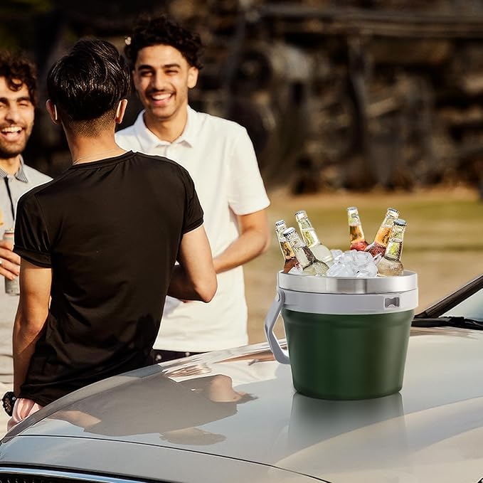 COKTIK 7L Vacuum Insulated Ice Bucket with Lid，Large Capacity Stainless Steel Beverage Bucket for Cocktail, Champagne, Wine, Beer，Large Parties（Army Green）