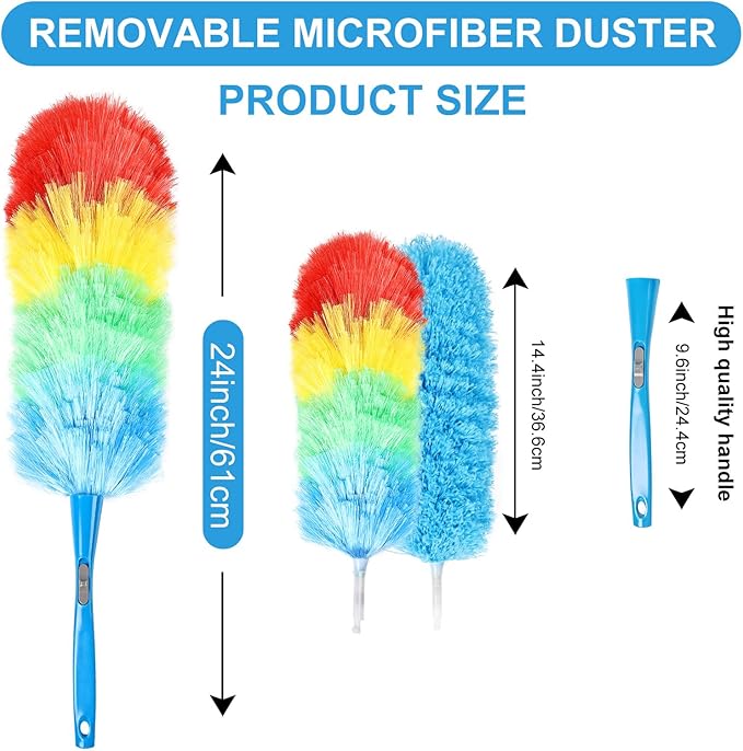 Rainbow Static Duster 24inch Reusable Microfiber Electrostatic Dusters with 2 Beandable and Washable Duster Head for Cleaning Home, Office, Car