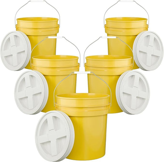 5-Gallon Yellow Bucket Pail with Gamma Seal Screw on Airtight Lid, Metal Handle with Plastic Grip for Easy Carrying, Easy Stack and Store, Heavy-Duty 90MIL Extra Durable, Food Grade, BPA Free - 5 Pack
