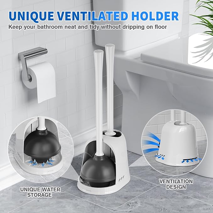 Toilet Plunger and Brush, Bowl Brush and Heavy Duty Toilet Plunger Set with Ventilated Holder, 2-in-1 Toilet Brush and Plunger Combo for 5.3-inch Toilet Drain Bathroom Cleaning (White)