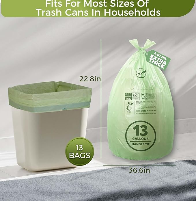 13 Gallon Compostable Trash Bags with Handle-Tie, Thick 0.87 Mil, 49.21 Liter, 30 Bags, Tall Kitchen Food Scrap Waste Bag, ASTM D6400, US BPI and OK Compost Home Certified