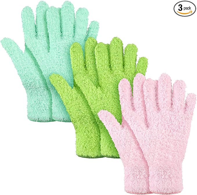 Patelai 3 Pairs Microfiber Plant Dusting Gloves Leaf Cleaning Gloves for Indoor Plants, Blinds, Furniture, House (Small,Green Yellow, Water Blue, Pink)