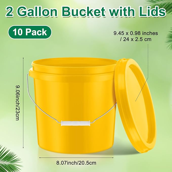 Tioncy 10 Pcs 2 Gallon Plastic Bucket with Lid Heavy Duty 2 Gallon Bucket Pail with Lid Handle for Storage Container Home Household Cleaning (Yellow)