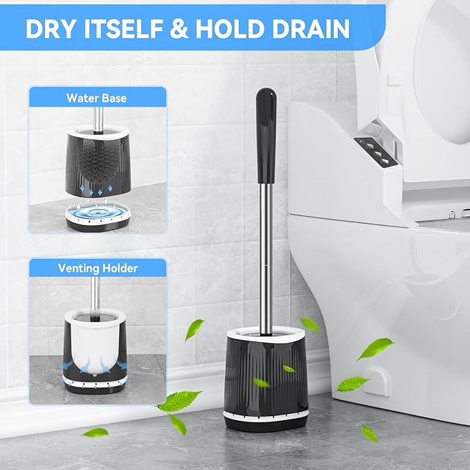 TRENTI Toilet Brush and Holder Set, Ventilated Holder, Compact Toilet Brush Set for Bathroom Deep Cleaning (2, Black)