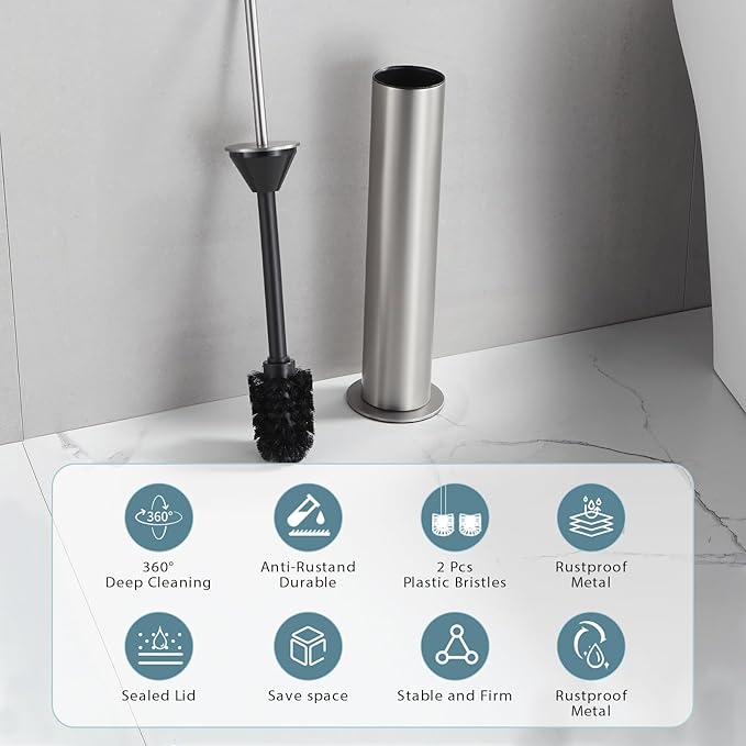 BGL Toilet Brush and Holder Set, Heavy Duty 304 Stainless Steel, Round Base and Long Handle for Bathroom Deep Cleaning, Drip-Proof, Space Saving for Storag, Stainless Steel