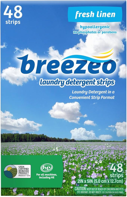 Breezeo Laundry Detergent Strips (48 strips) - Fresh Linen Scent - More Convenient than Pods, Pacs, Liquids or Powders – Great for Home, Dorm, Travel, Camping & Hand-Washing