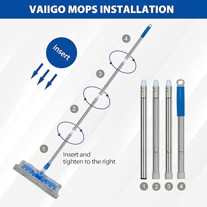 Professional Microfiber Hardwood Floor Mop, Flat Mops with 5 Pieces Reusable Washable Pads for Home and Office Wet or Dry Floor Cleaning (Sky Blue)