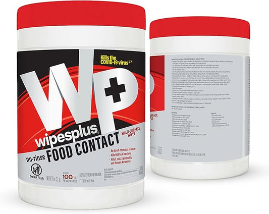 WIPESPLUS No-Rinse Food Contact Wipes Canister Multi-Surface Wipes, Unscented for Home and Business, 100, (1 Pack of 100)