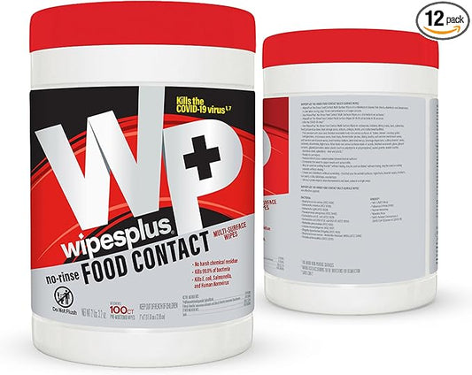 WIPESPLUS No-Rinse Food Contact Wipes Canister Multi-Surface Wipes, Unscented for Home and Business, 1200 Count, (12 Packs of 100)