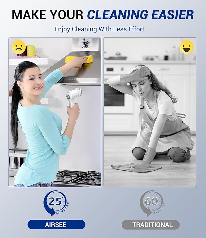 AIRSEE Cordless Electric Spin Scrubber, Handheld Power Shower Cleaner Brush, 2 speeds, 6 Replaceable Brush Heads for Cleaning Floor, Window, Bathroom, Kitchen, for Elderly & Busy Family