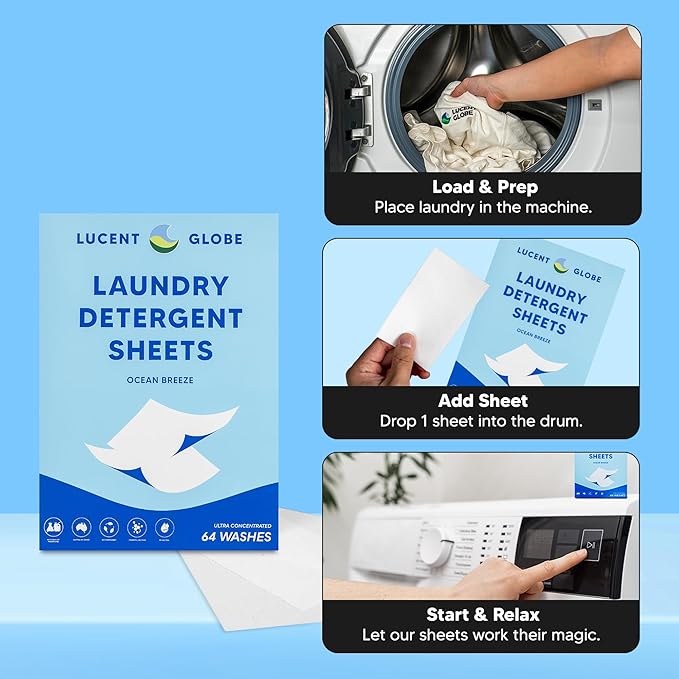 Lucent Globe Laundry Detergent Sheets - Pre-Measured Laundry Sheets - Powerful Stain Removal - Gentle on Skin & Fabrics - Works in All Washers - Convenient and Travel Friendly (Ocean Breeze)