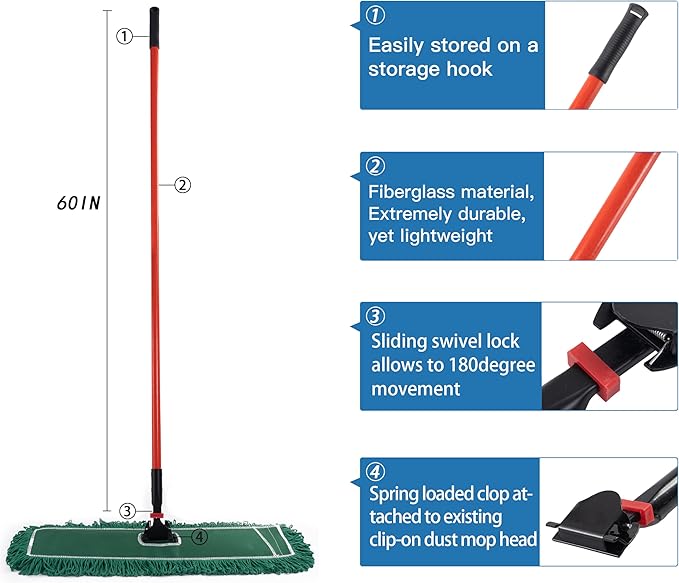 Matthew Cleaning Commercial Quick-Change Dust Mop Handle with Clip-on Metal Gripper for Heavy Duty Mop Head Replacement Holder, Fiberglass Handle 60 inch 6packs-Red