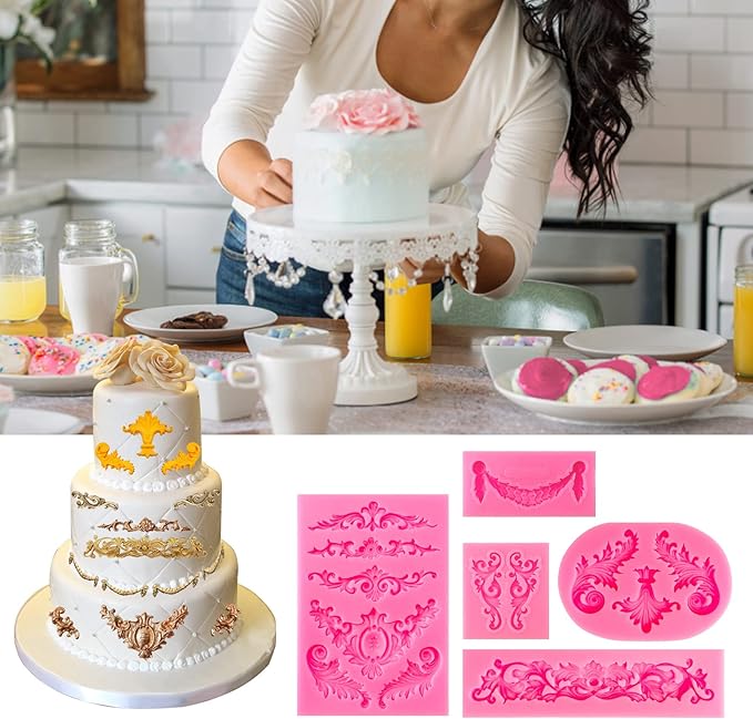 Baroque Style Silicone Molds, Curlicues Scroll Lace Fondant Molds, Vintage Relief Flower Mould Filigree 3D Clay Mold for Gummy Sugar Cookie Pastry Chocolate Mold for Clay Cupcake Topper Decor(7Pcs)