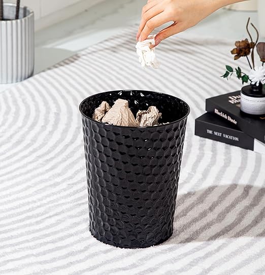 Small Metal Trash Can Wastebasket, Decorative Honeycomb Garbage Can Waste Basket, Modern Farmhouse Round Trash Bin for Bathroom, Bedroom, Kitchen and Office (Black)