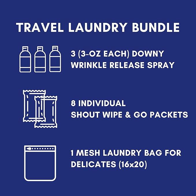 Downy Wrinkle Releaser Spray Travel Size 3 oz (Pack of 3), 8 Shout Wipes Individually Wrapped with Laundry Bag Gift Bundle, Ultimate Downy Wrinkle Release Spray & Shout Stain Remover Kit