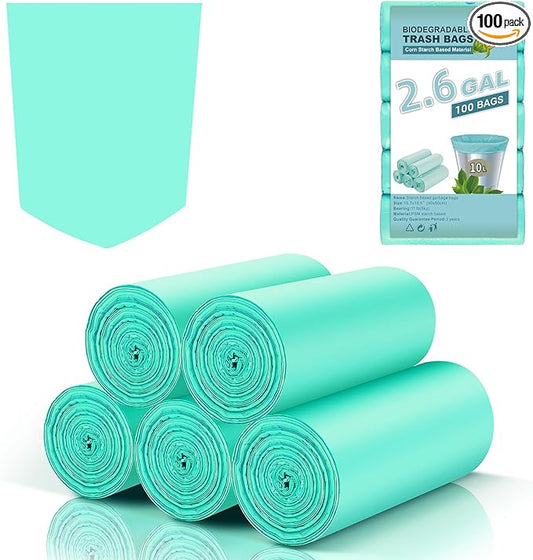2.6 Gallon Mini Compostable Trash Bag - Small Garbage Bags For Bathroom Can Blue 100 Count 10 Liter Biodegradable Unscented Waste Basket Liners Bathroom Kitchen Office Strong Thick Inwaysin