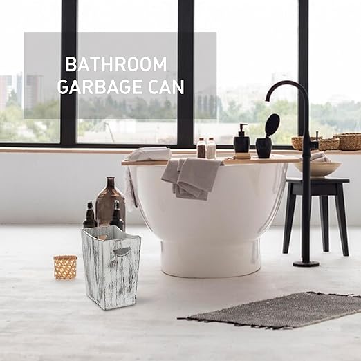 2 Pack Trash Can Wood Waste Basket Wooden Garbage Bins Decorative Farmhouse Trash Can for Bathroom Bedroom Office Desk Living Room (Rustic White)