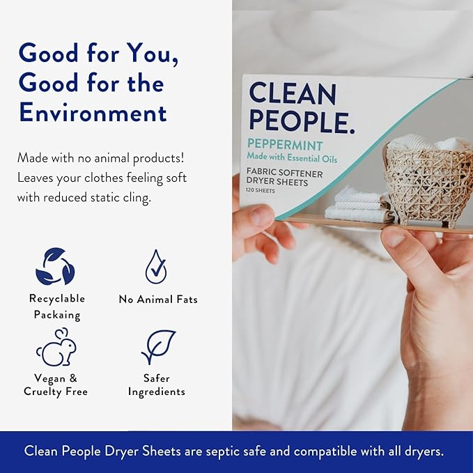 The Clean People Fabric Softener Sheets - Dryer Sheets - Softens & Removes Static - Vegan Laundry Softener With Essential Oils - Peppermint 240 Pack