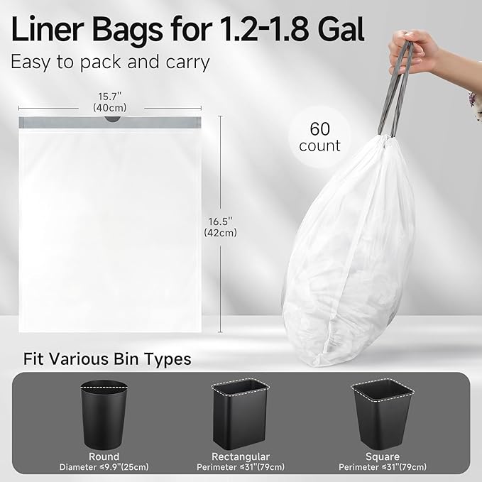 TIPGO Drawstring Trash Bags 60 Count, Pre-Cut 1.6 Gallon Small Garbage Bags, Fit 1.2-1.8 Gallon Trash Bin for Home, Office, Bathroom (Code A)