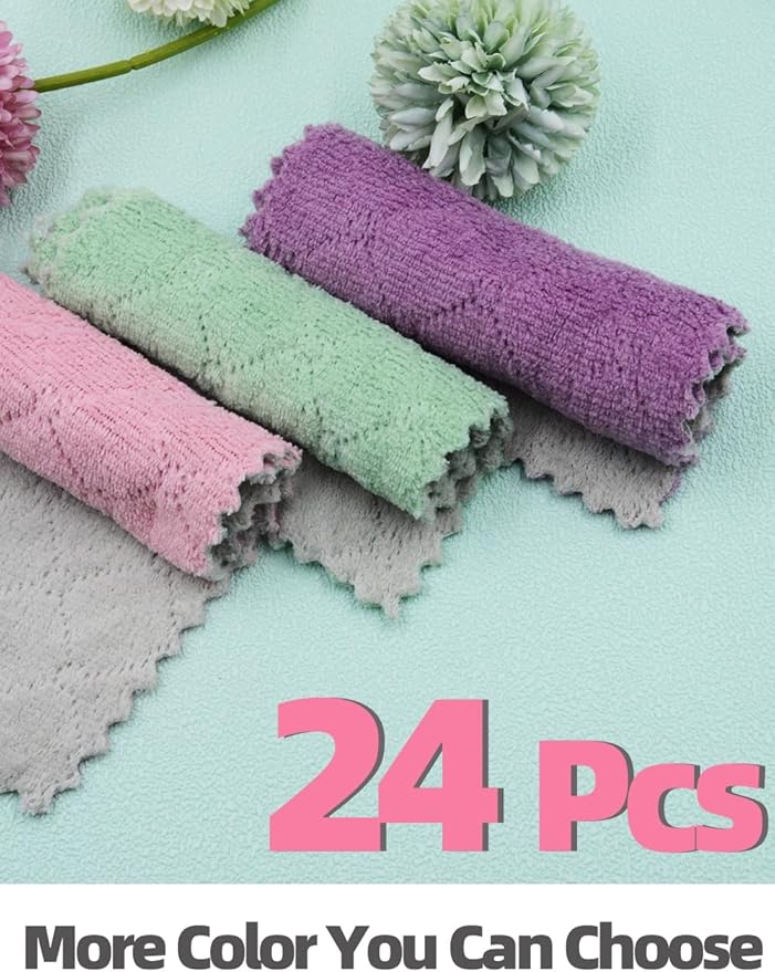24PCS Kitchen Dishcloth, Microfiber Washcloth, Soft Cleaning Cloths, Coral Fleece/Lint Free/Absorbent/Quick Dry/Nonstick Oil Rags, Reusable Washable Tea Towel, 6''x10''(Mixcolor)