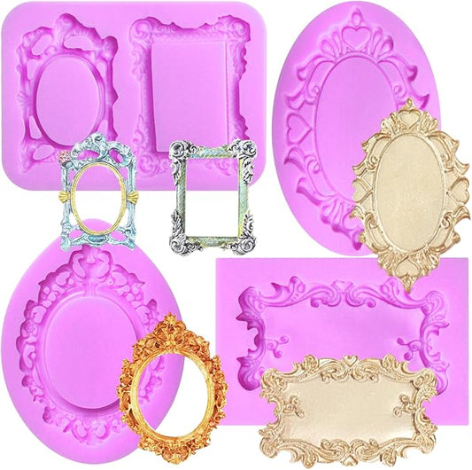 Vintage Frame Silicone Molds Baroque Photo Frame Chocolate Fondant Molds Decorative Oval and Rectangle Shapes, 4-Piece Set, Purple, for Cake Decorating Cupcake Topper Gum Paste Candy Polymer Clay