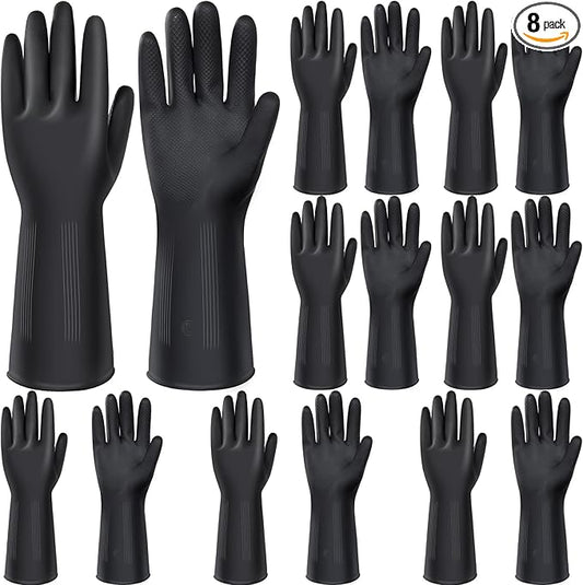 Chumia 8 Pairs Chemical Resistant Latex Gloves Heavy Duty Black Rubber Gloves Cleaning Protective Safety for Car Home Lab(Large)