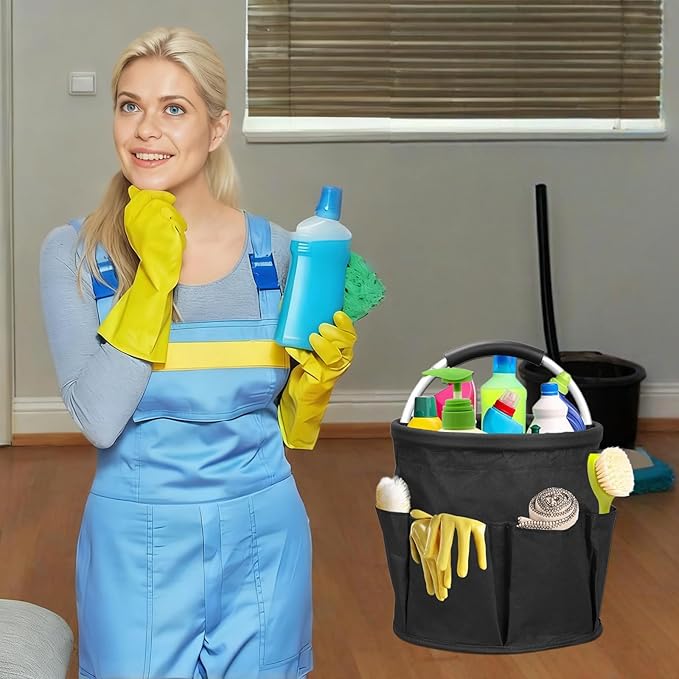 17L Cleaning Caddy with Handle, Garden Tool Organizers Bag, Cleaning Bucket Organiser, Foldable Gardening Bags Multi Pocket, Black