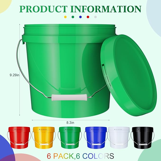 6 Pack 2 Gallon Plastic Bucket with Lid Heavy Duty Pail with Metal Handle Reusable Small Multipurpose Paint Buckets Container for Food Storage(Colorful)