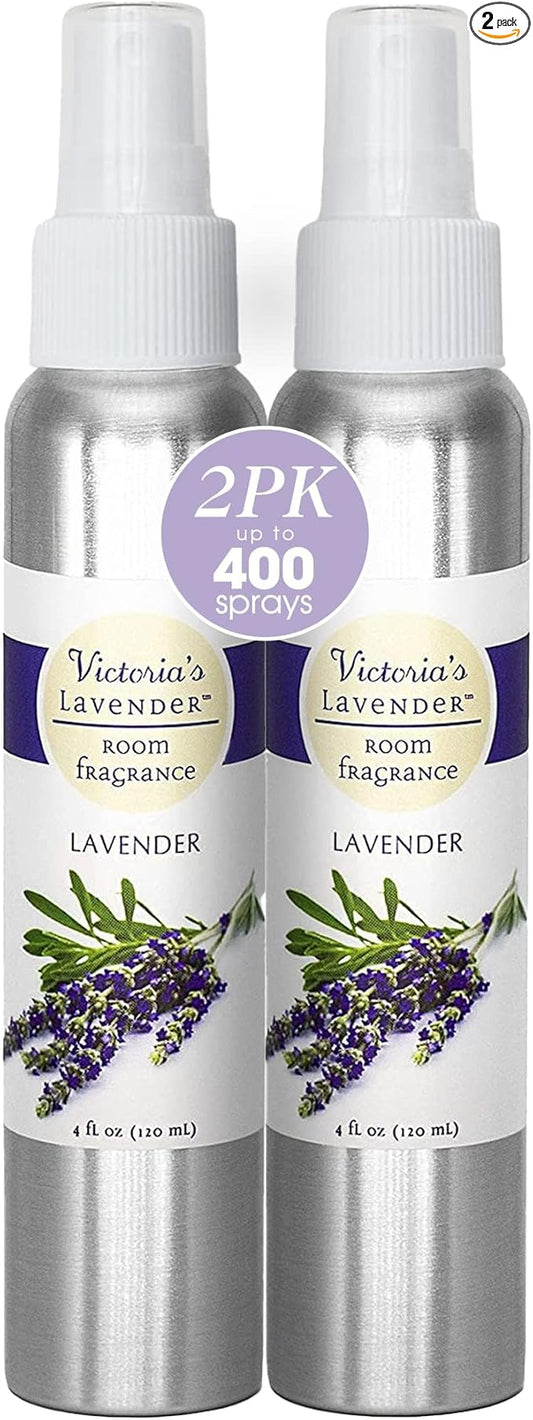 Victoria's Lavender Room Spray - All Natural Home Fragrance, Pure Oil Air Freshener & Odor Eliminator, Relaxing Scent, Aromatherapy Household Essentials, Made in the USA, 2-Pack Lavender, 4 oz each