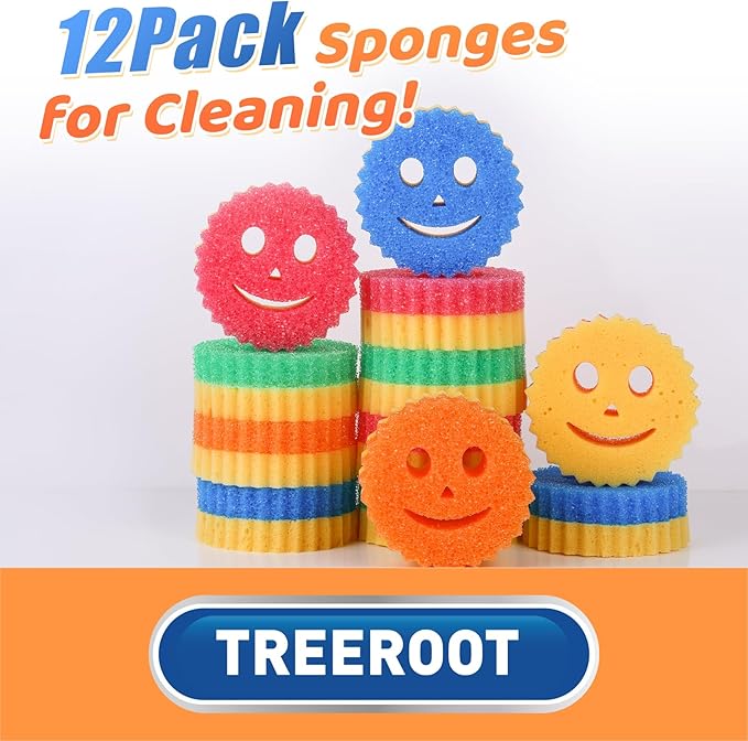 12 Colorful Smile Scrub Sponges, Temperature Controlled Dish Sponge, Double Sided Bulk Kitchen Sponges for Cleaning, Multi Functional Cleaning Sponge for Kitchen, Bathroom, Floor