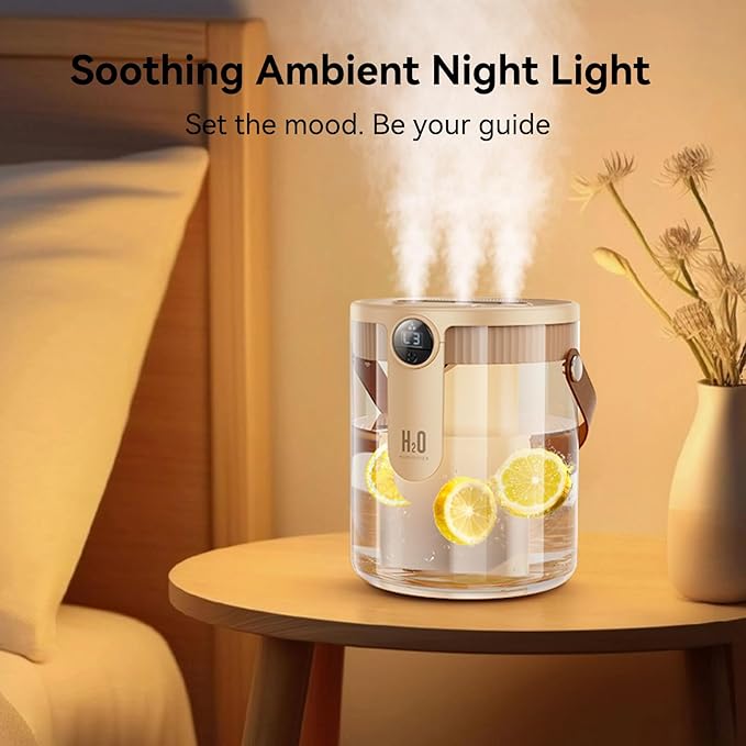 Smart Humidifiers for Bedroom, Rechargeable Top Fill Humidifier with Night Light, 1.4L Cool Mist Humidifier for Office Home Plant and Baby, 3-Speed Mist Control, Quiet, Auto Shut-Off (Beige)