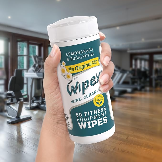 Wipex Fitness Equipment Wipes - Original Natural Plant Based Gym Wipes for Equipment, Clean Surfaces at Home or Gym, Use as a Yoga Mat Cleaner, Lemongrass, Eucalyptus & Vinegar, 50 Count (Pack of 1)