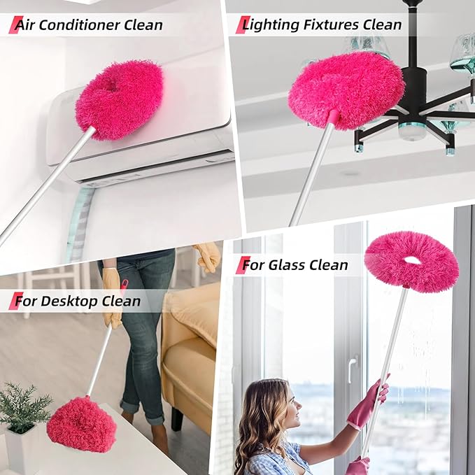 DRQ Ceiling Fan Cleaner Duster, 2 Pack Reusable Microfiber Duster with Extension Pole, 13 to 50 Inch Fan Blade Cleaner, Removable Dusters for Cleaning Walls Bookshelves Door Window Top (Rose Red)