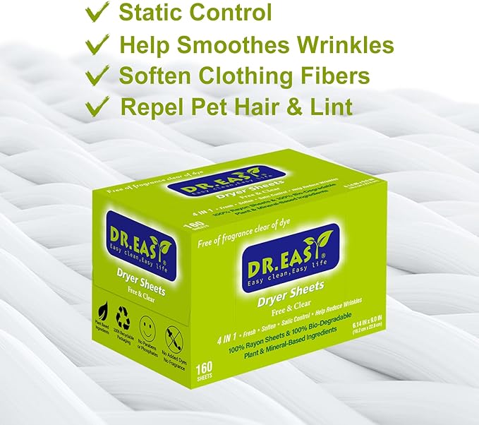 Dr.Easy Dryer Sheets Free & Clear Plant Based all ingredients for Sensitive Skin 160 Ct 100% Rayon Fabric Softener sheet unscented & no dyes Reduce Static & Wrinkles Soften Clothes Help Repel Pet Hair