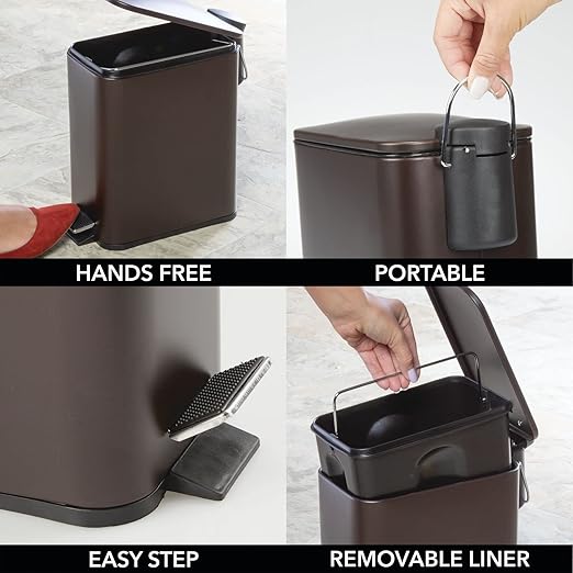 mDesign Rectangular Pedal Bin – 5 L Metal Waste Bin with Pedal, Lid and Plastic Bucket Insert – Household Rubbish Bin for Bathroom, Kitchen and Office – Bronze