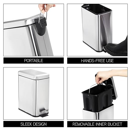 simplemade Rectangle Step Trash Can - 5 Liter / 1.3 Gallon - Stainless Steel Bathroom Trash Can | Small Trash Can with Lid | Office Trash Can | Garbage Can with Lid | Metal Wastebasket (Steel)