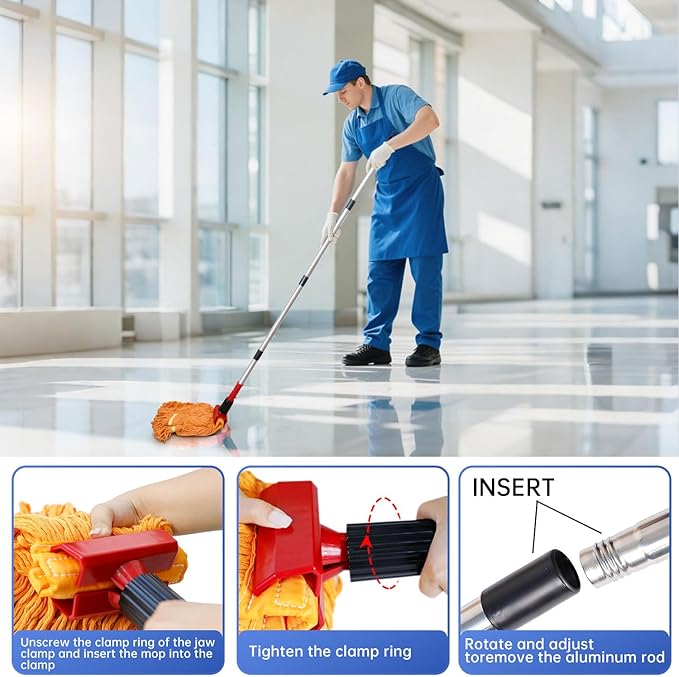 Heavy Duty Commercial Mop with 77inch Long Handle, Looped-End String Wet Mop with 2 Heads for Home, Garage, Office Floor Cleaning (Blue-Orange)