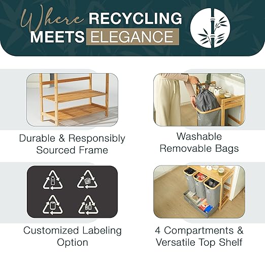 4 Section Recycling Bin for Kitchen – Trash and Recycle Bin Combo for Paper, Plastic, Cans – Indoor Recycling Station – Large Kitchen Trash Can – Office Trash and Recycle Bin Organizer