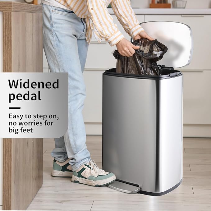 13.2+1.3 Gallon Trash Can Combo Set, Stainless Steel Garbage Bin with Pedal, Removable Inner Waste Bucket, Anti-Fingerprint, Soft-Close Locking Lid Dustbin for Kitchen, Bathroom, Office