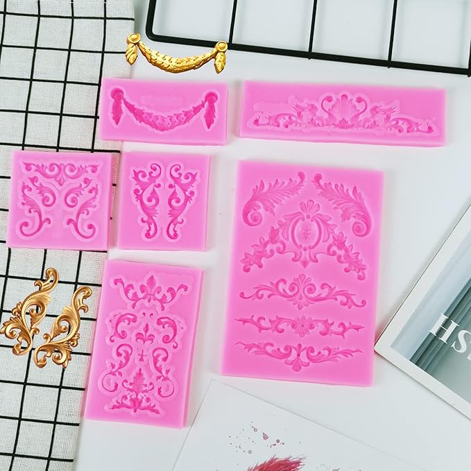 Baroque Style Silicone Molds, Curlicues Scroll Lace Fondant Molds, Vintage Relief Flower Mould Filigree 3D Clay Mold for Gummy Sugar Cookie Pastry Chocolate Mold for Clay Cupcake Topper Decor(6Pcs)