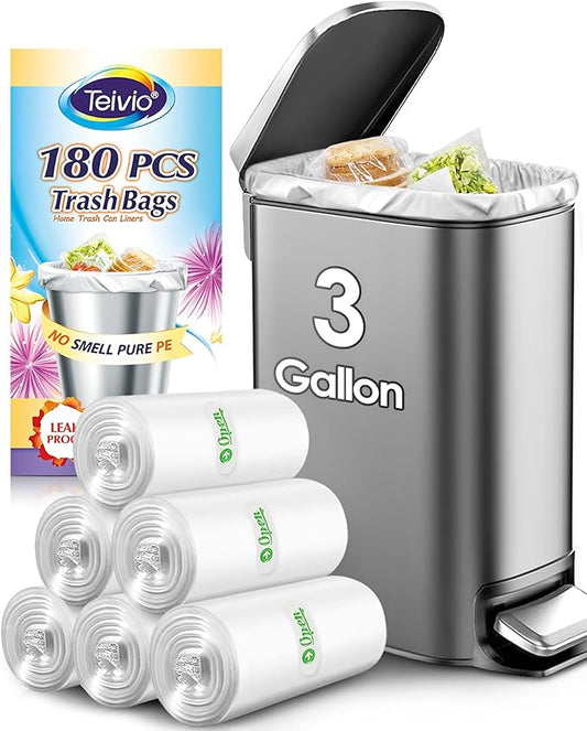 Teivio 3 Gallon 180 Counts Strong Trash Bags Garbage Bags, Bathroom Trash Can Bin Liners, Small Plastic Bags for Home Office Kitchen Kitchen, Clear