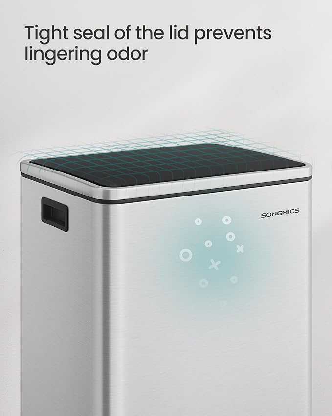 SONGMICS Trash Can, 13-Gallon Gabbage Can, with 15 Trash Bags, Stainless Steel, with Soft-Close Lid, Removable Inner Bucket, Handles, Silver ULTB595E01