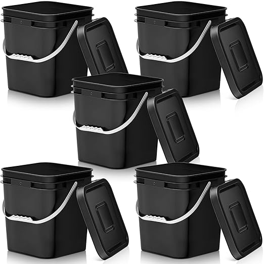 Mumufy 5 Pcs 3.5 Gallon Square Food Grade Bucket with Lid Square Bucket Pail with Plastic Handles for Storing Dry Food, Charcoal, Camping, Fishing (Black)