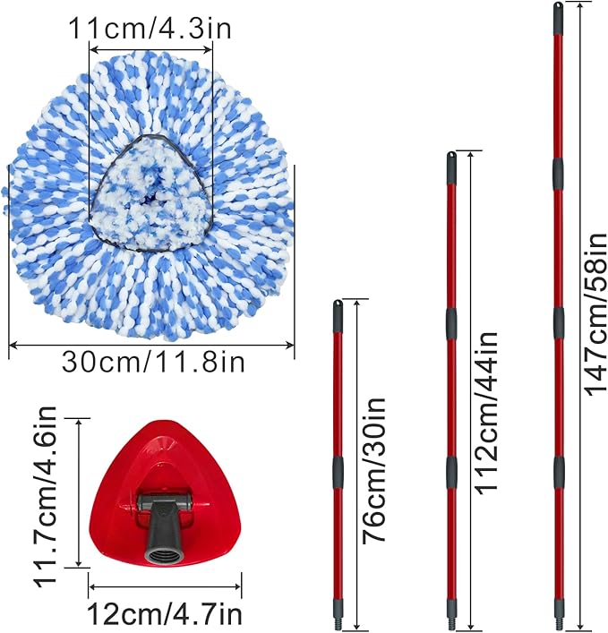 Spin Mop Replace Head, Mop Handle and Base Compatible with Ocedar RinseClean 2-Tank System, 3 Mop Replacement Head, 4-Section Sturdy Iron 30-58in Mop Handle and 1 Triangle Mop Head Cover Combo Set
