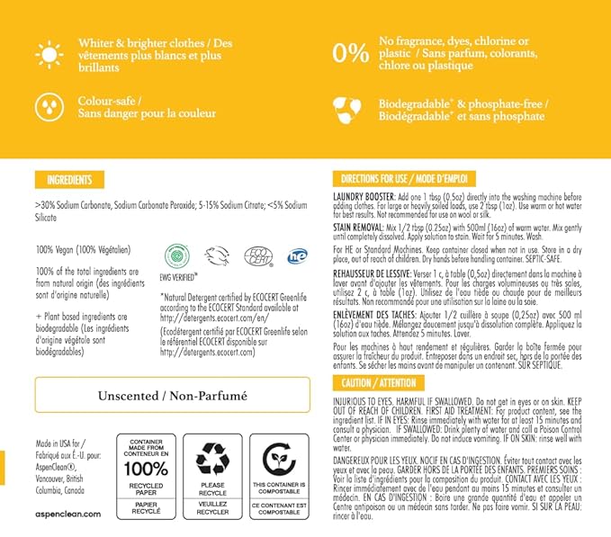 Unscented Oxygen Bleach Powder and Color Safe Stain Remover by AspenClean, Zero plastic, EWG Verified™, Vegan, Non-Bio, Hypoallergenic, Bleach Alternative - 45 Loads