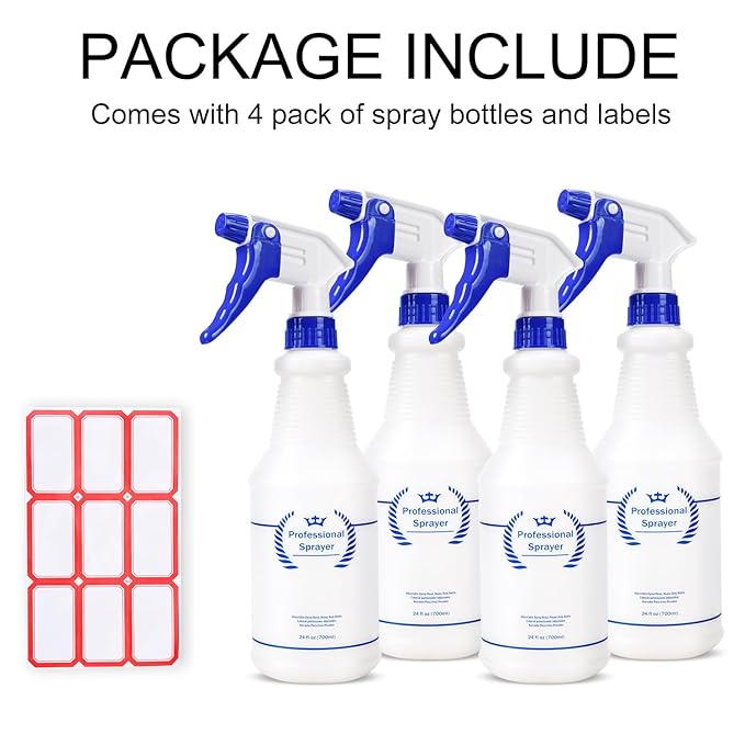 Bealee Plastic Spray Bottles 4 Pack, 24 Oz, All-Purpose Sprayer for Cleaning Solutions, Heavy Duty Spraying Leak Proof Mist Empty Water Bottle for Planting, BBQ, Pet with Adjustable Nozzle, Blue