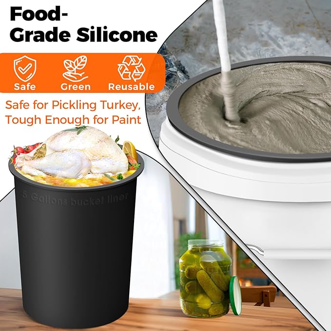 5 Gallon Bucket Liner with Lid for Concrete Mix and Mud - Food Grade Reusable Silicone Bucket Liner (Black, 5 Gallon with Lid)