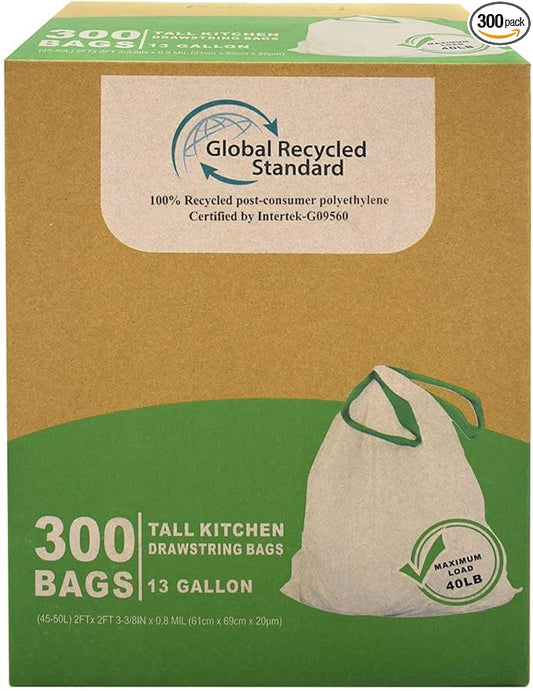 TYPLASTICS 300 Count 13 Gallon Tall Kitchen Drawstring Trash Bags, GRS Compliant, Eco-Friendly Recycled Material