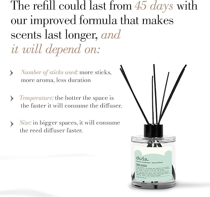Duša Babies Reed Diffuser & Sticks - 5 Fl Oz Essential Home Fragrance Decor for Bathroom, Office & Living Spaces –Stylish & Long-Lasting Room Air Freshener -Ideal for Housewarming & Special Occasions